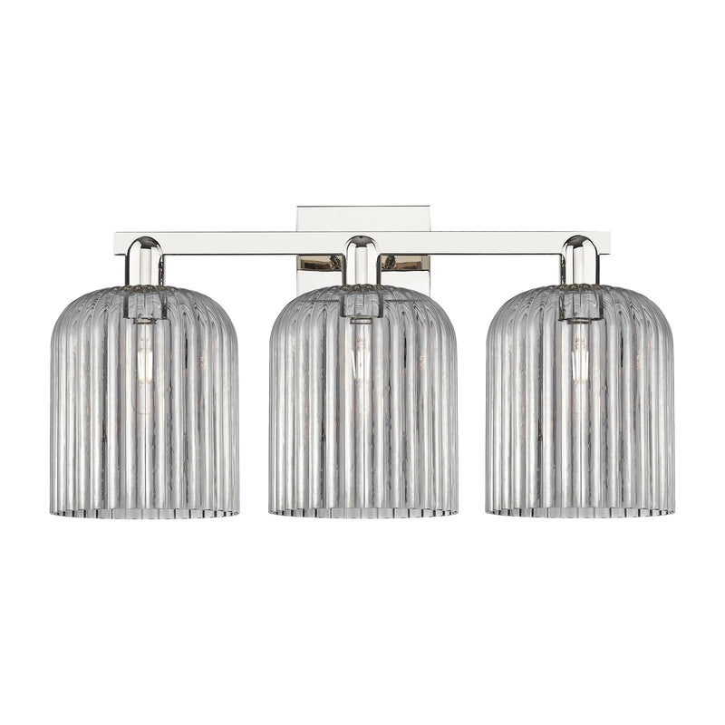 Innovations Bridal Veil 27in 3-Light Bath Vanity Light | Industrial Polished Nickel and Light Smoke Ribbed Glass | Bathroom | Model 716-3W-PN-G559-8SM