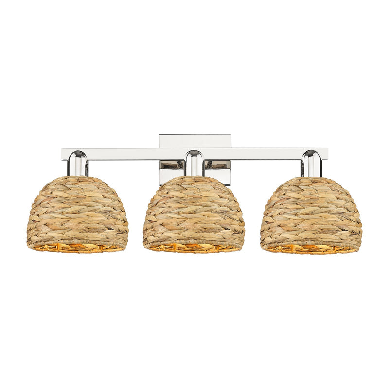 Innovations Woven Rattan 27in 3-Light Bath Vanity Light | Industrial Polished Nickel Steel and Natural Fiber Dome Shade | Model 716-3W-PN-RBD-8-NAT
