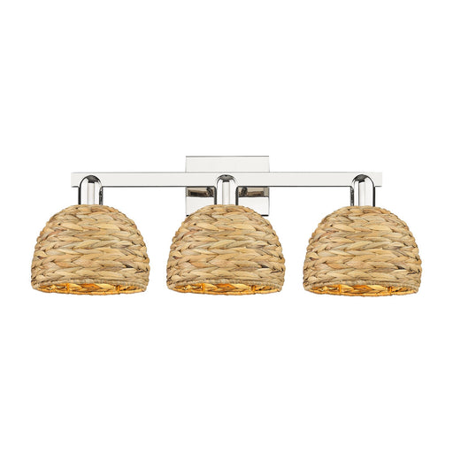 Innovations Woven Rattan 27in 3-Light Bath Vanity Light | Industrial Polished Nickel Steel and Natural Fiber Dome Shade | Model 716-3W-PN-RBD-8-NAT
