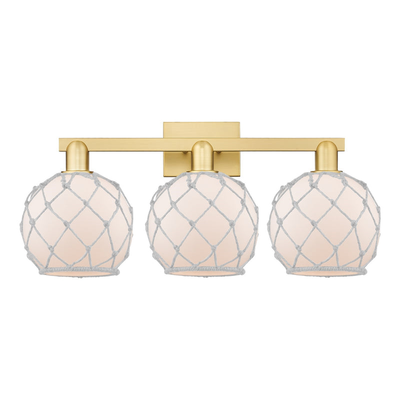 Innovations Farmhouse Rope 27in 3-Light Bath Vanity | Industrial Satin Gold Steel and White Frosted Glass with Rope | Bathroom | Model 716-3W-SG-G121-8RW
