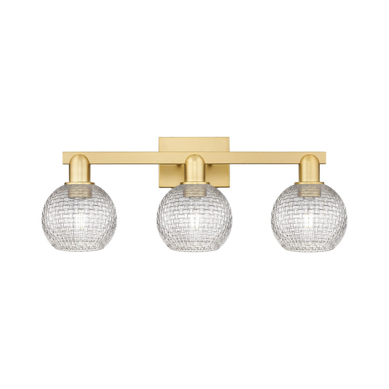 Innovations Athens 25in 3-Light Bath Vanity Light | Industrial Satin Gold Steel and Clear Basket Weave Glass | Bathroom Vanity | Model 716-3W-SG-G122C-6CL