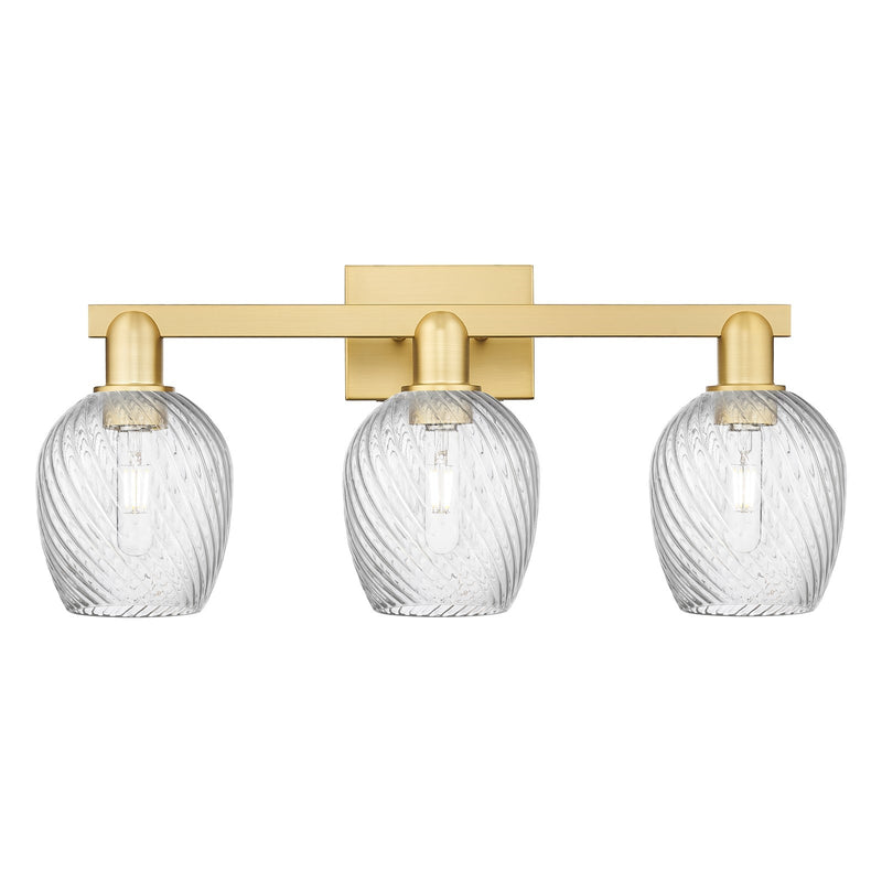 Innovations Salina 25in 3-Light Bath Vanity Light | Industrial Satin Gold Steel and Clear Spiral Fluted Glass | Bathroom Vanity | Model 716-3W-SG-G292