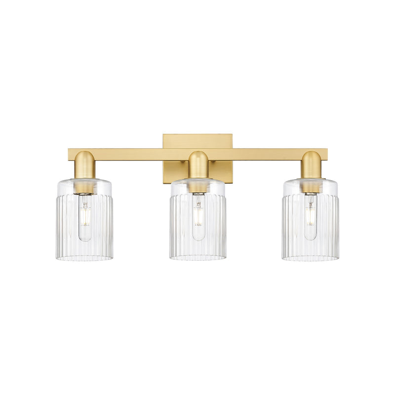 Innovations Hadley 24in 3-Light Bath Vanity Light | Satin Gold Steel and Cast Brass with Clear Ribbed Glass | Bathroom Vanity | Model 716-3W-SG-G342