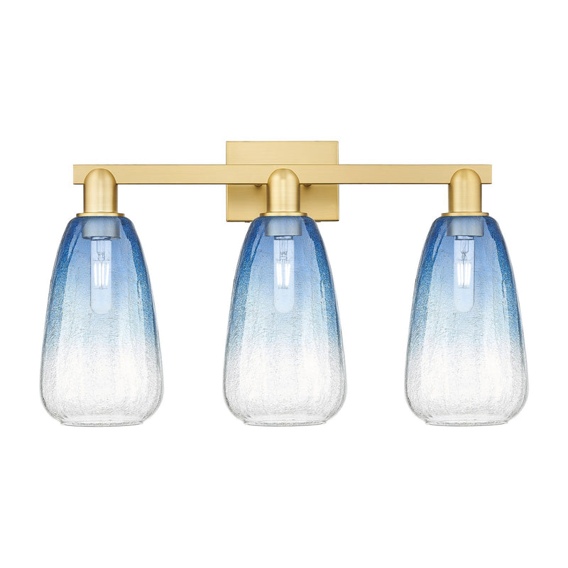 Innovations Brookhaven Almond 25in 3-Light Bath Vanity Light | Industrial Satin Gold Steel and Sapphire Blue Glass | Bathroom | Model 716-3W-SG-G480-6SB