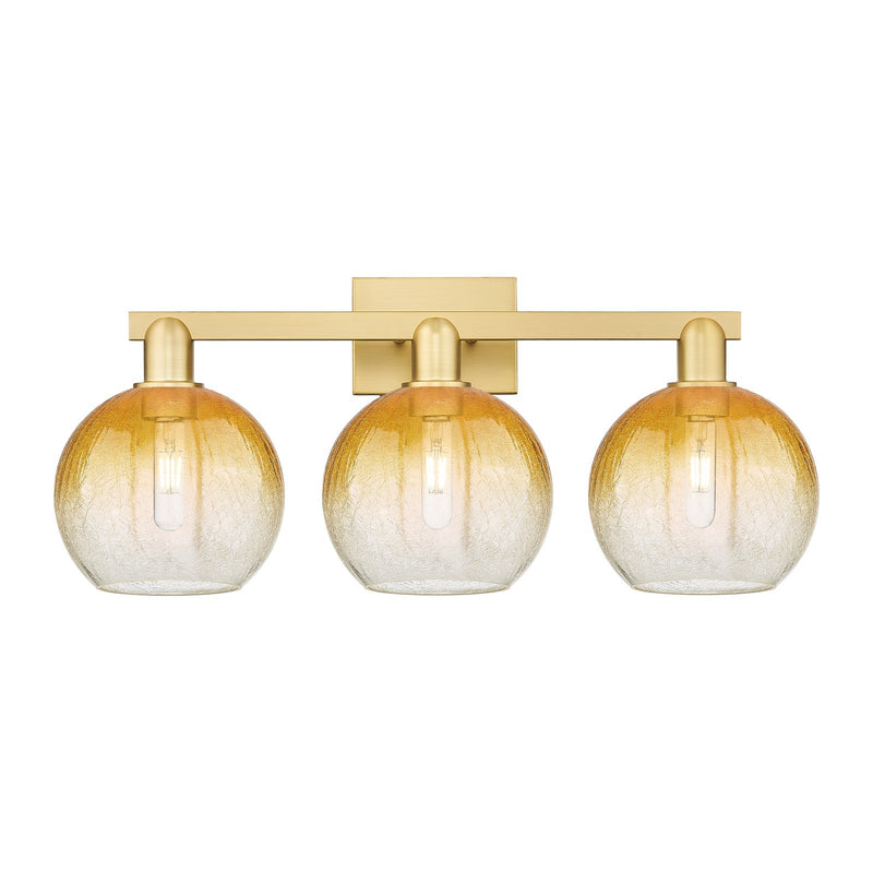 Innovations Brookhaven Globe 27in 3-Light Bath Vanity Light | Industrial Satin Gold Steel and Amber Glass | Bathroom Vanity | Model 716-3W-SG-G483-8AM