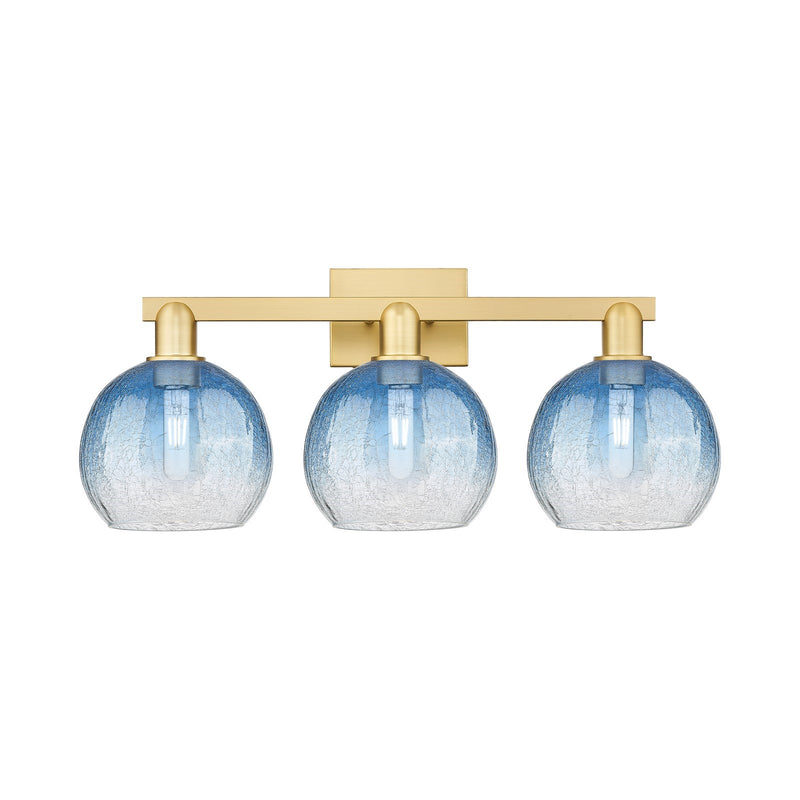 Innovations Brookhaven Globe 27in 3-Light Bath Vanity Light | Industrial Satin Gold Steel and Sapphire Blue Glass | Bathroom | Model 716-3W-SG-G483-8SB
