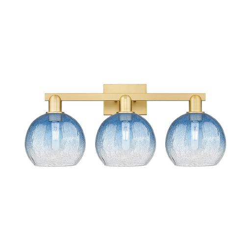 Innovations Brookhaven Globe 27in 3-Light Bath Vanity Light | Industrial Satin Gold Steel and Sapphire Blue Glass | Bathroom | Model 716-3W-SG-G483-8SB