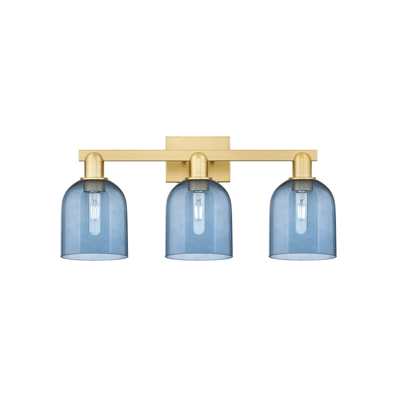 Innovations Bella 25in 3-Light Bath Vanity Light | Industrial Satin Gold Steel and Blue Glass | Entryway & Bathroom Vanity | Model 716-3W-SG-G558-6BL