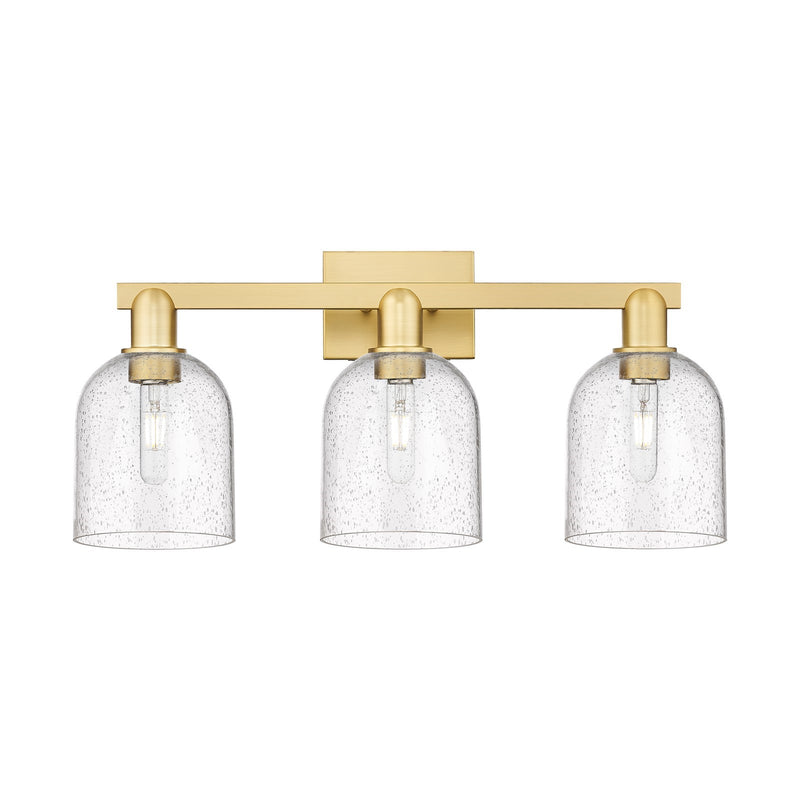 Innovations Bella 25in 3-Light Bath Vanity Light | Satin Gold Steel and Cast Brass with Seedy Bell Glass | Damp-Rated Bathroom | Model 716-3W-SG-G558-6SDY