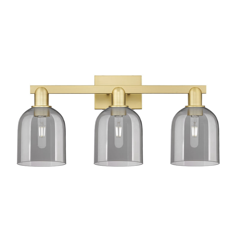 Innovations Bella 25in 3-Light Bath Vanity Light | Industrial Satin Gold Steel and Cast Brass with Light Smoke Bell Glass | Model 716-3W-SG-G558-6SM
