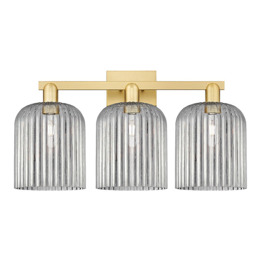 Innovations Bridal Veil 27in 3-Light Bath Vanity Light | Industrial Satin Gold Steel and Cast Brass with Light Smoke Ribbed | Model 716-3W-SG-G559-8SM