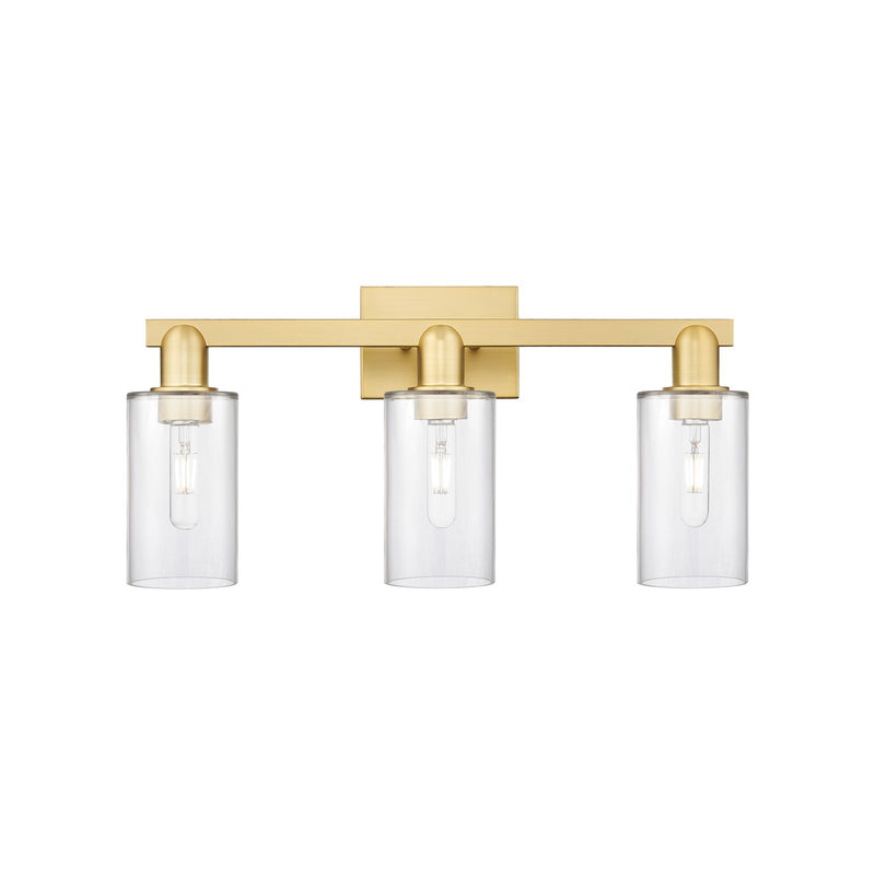 Innovations Clymer 23in 3-Light Bath Vanity Light | Industrial Satin Gold Steel and Clear Glass | Bathroom Vanity & Powder Room | Model 716-3W-SG-G802