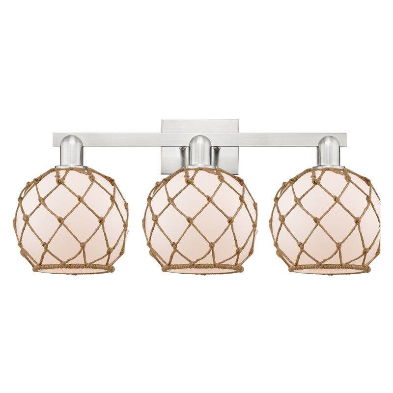 Innovations Farmhouse Rope 27in 3-Light Bath Vanity Light | Industrial Brushed Satin Nickel and White Glass with Brown Rope | Model 716-3W-SN-G121-8RB