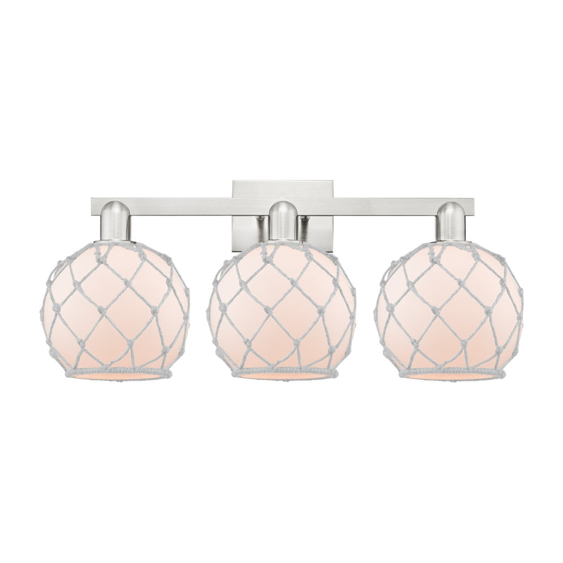 Innovations Farmhouse Rope 27in 3-Light Bath Vanity Light | Industrial Brushed Satin Nickel and White Frosted Glass with Rope | Model 716-3W-SN-G121-8RW