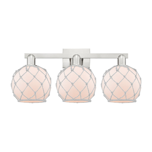 Innovations Farmhouse Rope 27in 3-Light Bath Vanity Light | Industrial Brushed Satin Nickel and White Frosted Glass with Rope | Model 716-3W-SN-G121-8RW