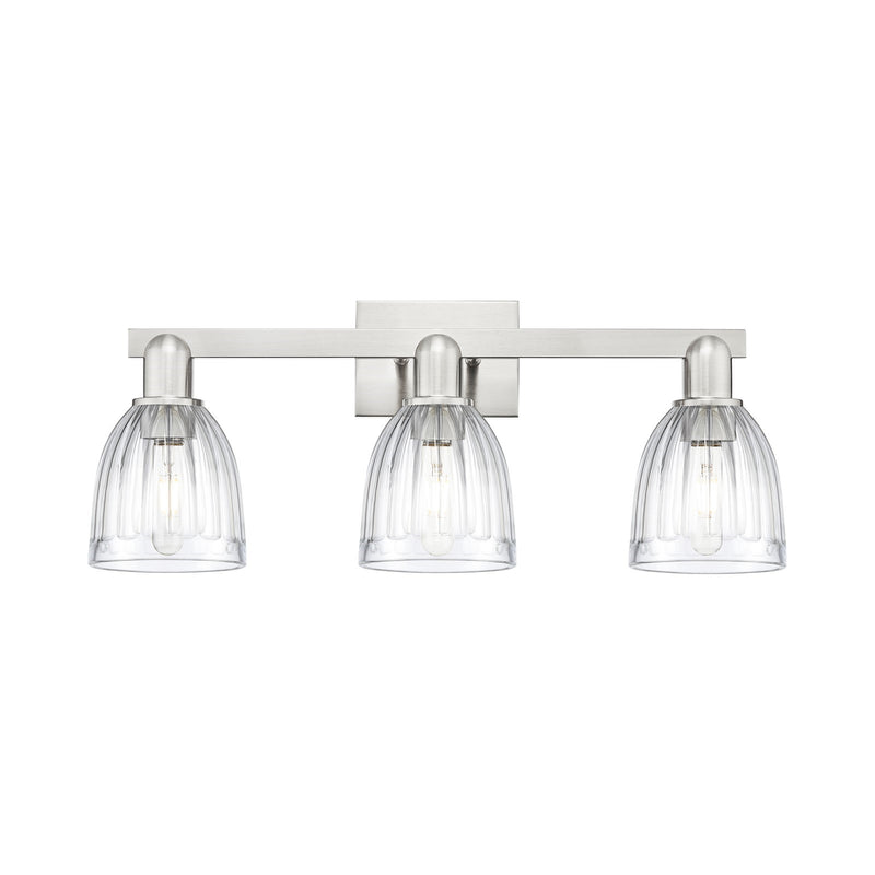 Innovations Brookfield 25in 3-Light Bath Vanity Light | Industrial Brushed Satin Nickel Steel and Clear Ribbed Glass | Bathroom | Model 716-3W-SN-G442
