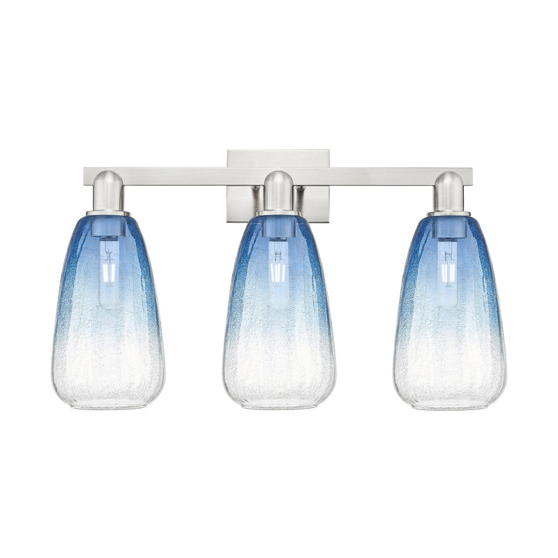 Innovations Brookhaven Almond 26in 3-Light Bath Vanity Light | Industrial Brushed Satin Nickel and Sapphire Blue Glass | Model 716-3W-SN-G480-6SB