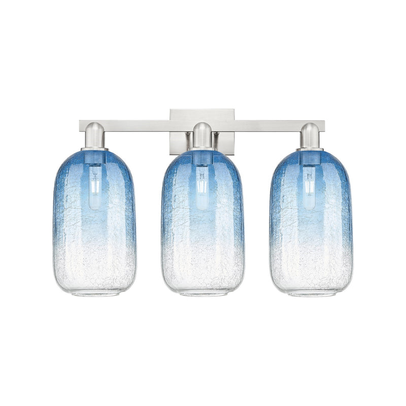 Innovations Brookhaven Cloche 26in 3-Light Bath Vanity Light | Industrial Brushed Satin Nickel and Sapphire Blue Glass | Model 716-3W-SN-G482-7SB