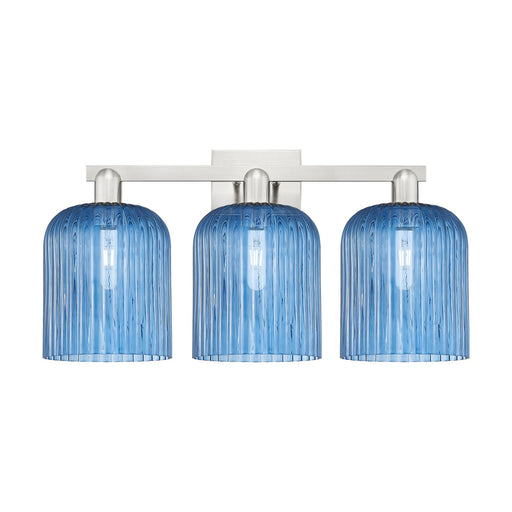 Innovations Bridal Veil 27in 3-Light Bath Vanity Light | Industrial Transitional Brushed Satin Nickel and Princess Blue Ribbed | Model 716-3W-SN-G559-8BL