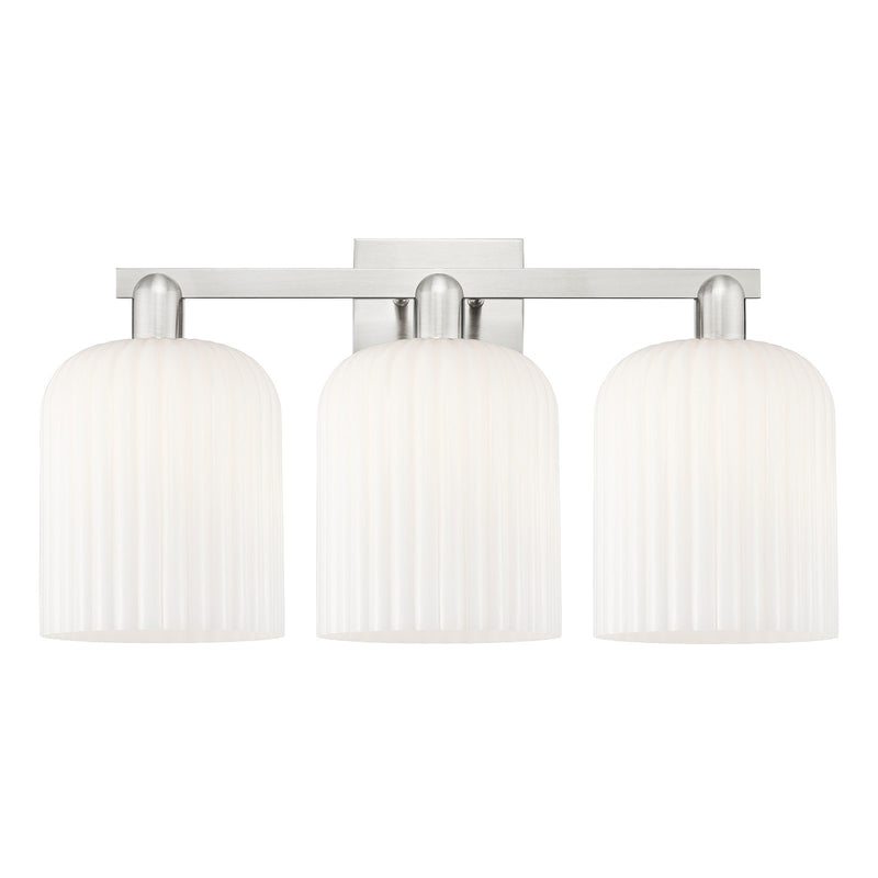 Innovations Bridal Veil 27in 3-Light Bath Vanity Light | Industrial Brushed Satin Nickel and Gloss White Ribbed Glass | Model 716-3W-SN-G559-8GWH