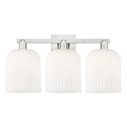 Innovations Bridal Veil 27in 3-Light Bath Vanity Light | Industrial Brushed Satin Nickel and Gloss White Ribbed Glass | Model 716-3W-SN-G559-8GWH