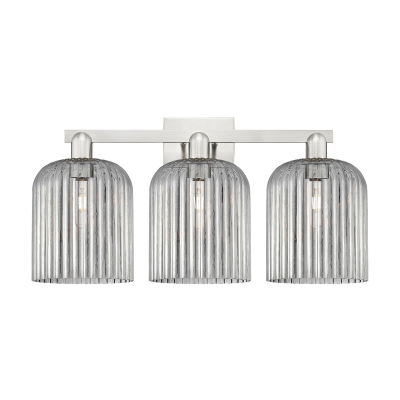 Innovations Bridal Veil 27in 3-Light Bath Vanity Light | Industrial Transitional Brushed Satin Nickel and Light Smoke Ribbed | Model 716-3W-SN-G559-8SM