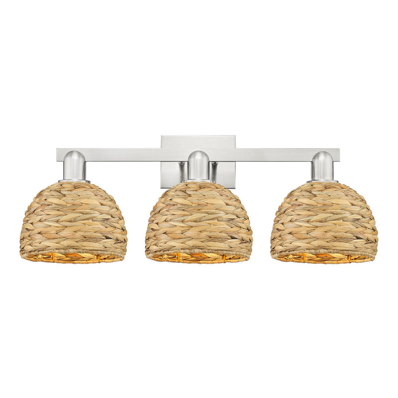 Innovations Woven Rattan 27in 3-Light Bath Vanity Light | Industrial Brushed Satin Nickel and Natural Fiber Dome Shade | Model 716-3W-SN-RBD-8-NAT