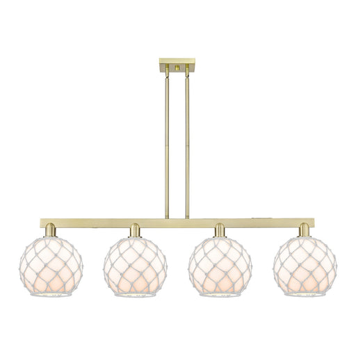 Innovations Farmhouse Rope 53in 4-Light Island Light | Industrial Antique Brass Steel and White Glass with Rope | Kitchen | Model 716-4I-AB-G121-10RW