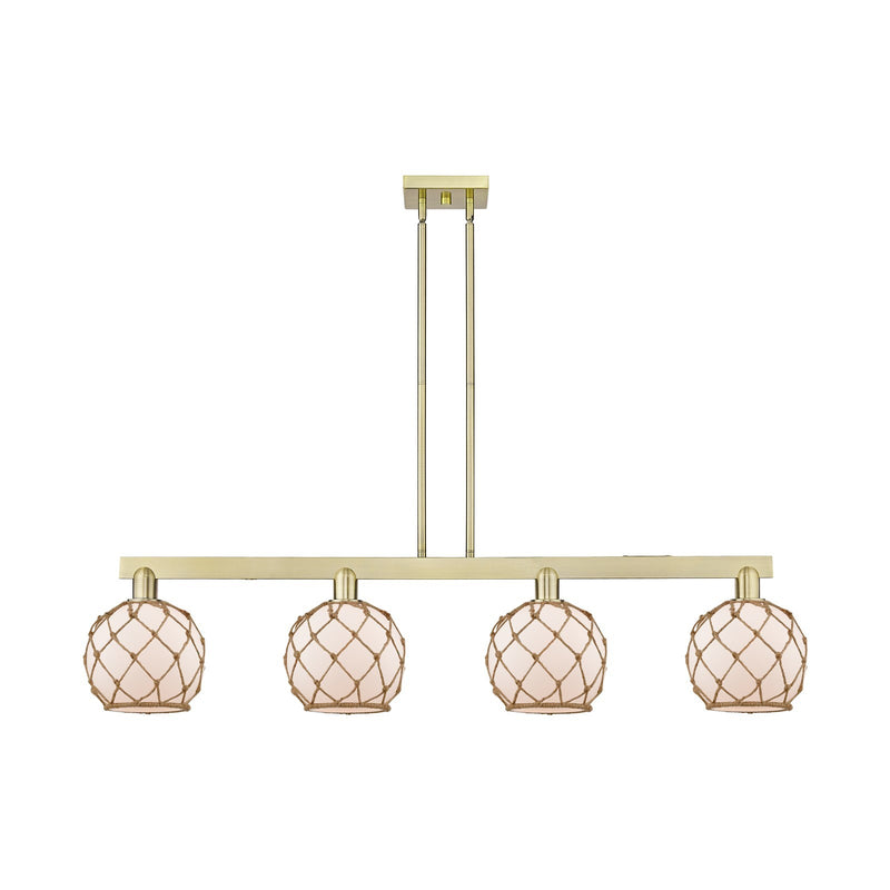 Innovations Farmhouse Rope 51in 4-Light Island Light | Industrial Antique Brass Steel and White Frosted Glass with Brown Rope | Model 716-4I-AB-G121-8RB