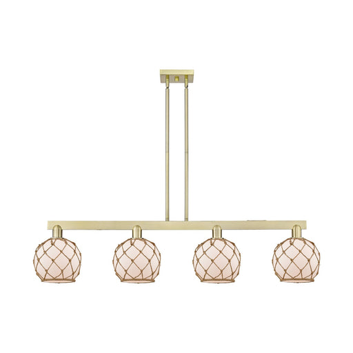 Innovations Farmhouse Rope 51in 4-Light Island Light | Industrial Antique Brass Steel and White Frosted Glass with Brown Rope | Model 716-4I-AB-G121-8RB