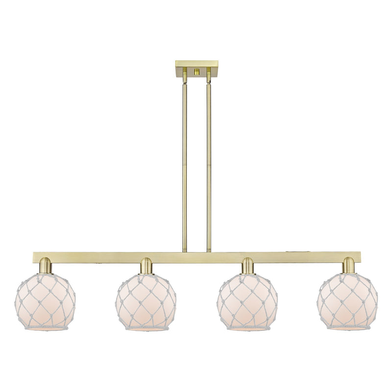 Innovations Farmhouse Rope 51in 4-Light Island Light | Industrial Antique Brass Steel and White Frosted Glass with Rope | Model 716-4I-AB-G121-8RW