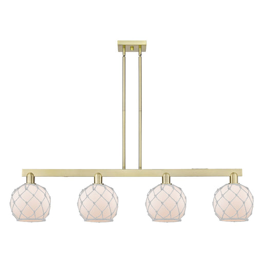 Innovations Farmhouse Rope 51in 4-Light Island Light | Industrial Antique Brass Steel and White Frosted Glass with Rope | Model 716-4I-AB-G121-8RW