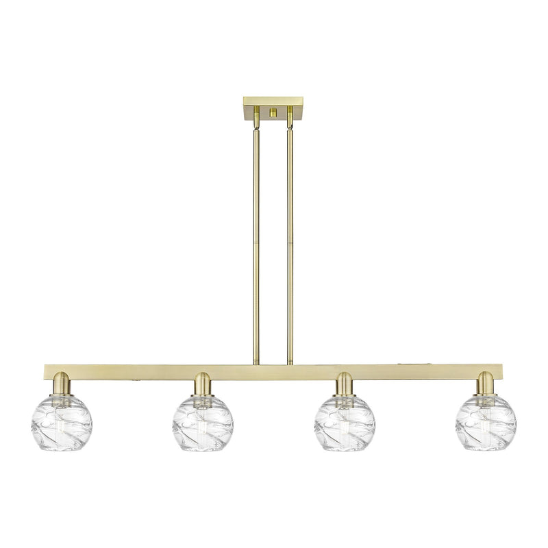Innovations Athens Deco Swirl 48in 4-Light Island Light | Industrial Antique Brass Steel and Clear Deco Swirl Glass | Kitchen | Model 716-4I-AB-G1213-6CL