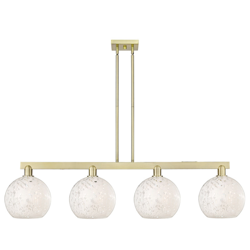 Innovations Lighting White Mouchette 51in 4-Light Island Light | Industrial Antique Brass Steel and White Glass | Kitchen | Model 716-4I-AB-G1216-8WM