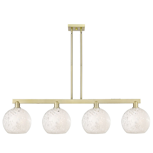 Innovations Lighting White Mouchette 51in 4-Light Island Light | Industrial Antique Brass Steel and White Glass | Kitchen | Model 716-4I-AB-G1216-8WM
