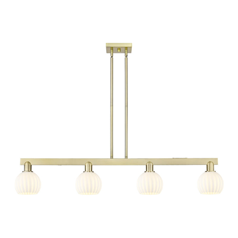 Innovations Lighting White Venetian 49in 4-Light Island Light | Industrial Antique Brass and White Venetian Glass | Kitchen | Model 716-4I-AB-G1217-6WV