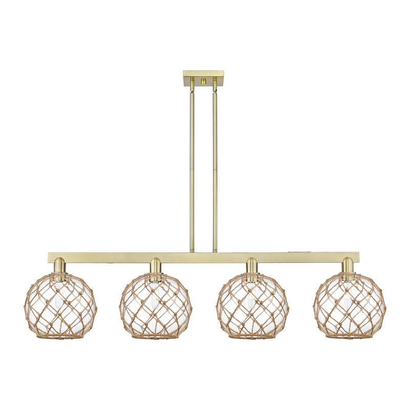 Innovations Farmhouse Rope 53in 4-Light Island Light | Industrial Antique Brass Steel and Clear Glass with Brown Rope | Model 716-4I-AB-G122-10RB