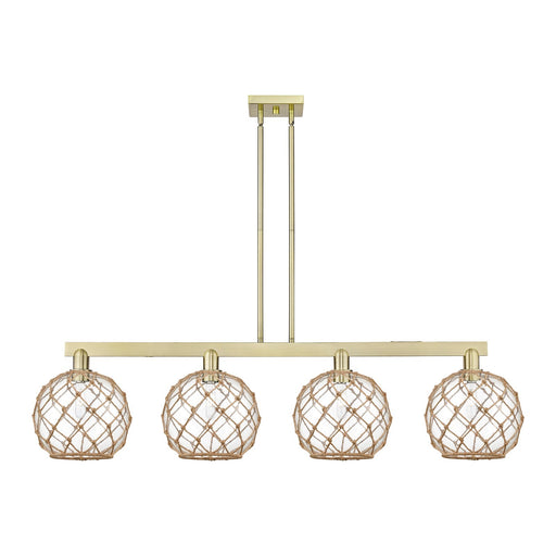 Innovations Farmhouse Rope 53in 4-Light Island Light | Industrial Antique Brass Steel and Clear Glass with Brown Rope | Model 716-4I-AB-G122-10RB