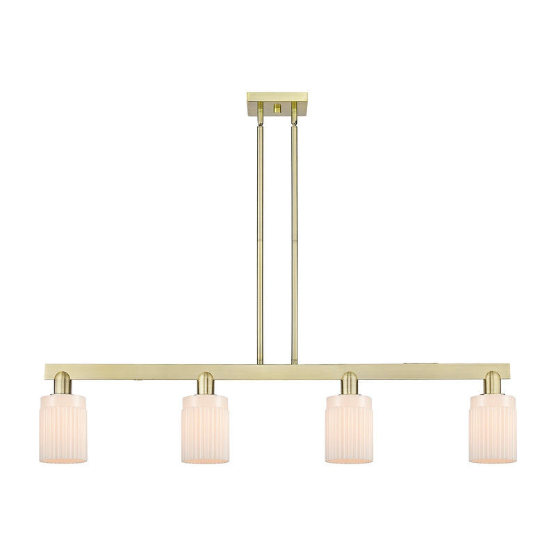Innovations Hadley 47in 4-Light Island Light | Industrial Antique Brass and Matte White Glass | Kitchen Island | 47.25 x 9.88 in | Model 716-4I-AB-G341