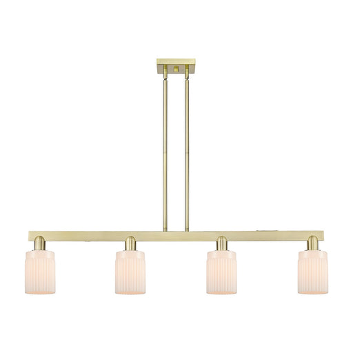 Innovations Hadley 47in 4-Light Island Light | Industrial Antique Brass and Matte White Glass | Kitchen Island | 47.25 x 9.88 in | Model 716-4I-AB-G341