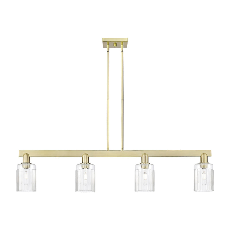 Innovations Hadley 47in 4-Light Island Light | Industrial Antique Brass Steel and Clear Ribbed Glass | Kitchen Island & Dining Room | Model 716-4I-AB-G342