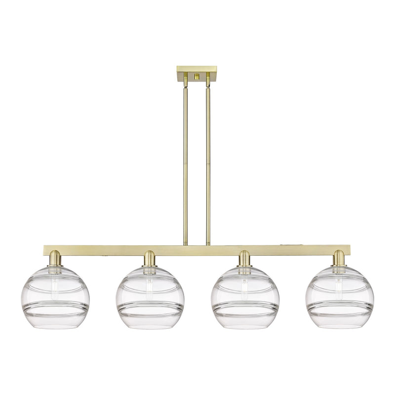 Innovations Rochester 53in 4-Light Island Light | Industrial Antique Brass Steel and Clear Glass | Kitchen Island & Dining | Model 716-4I-AB-G556-10CL