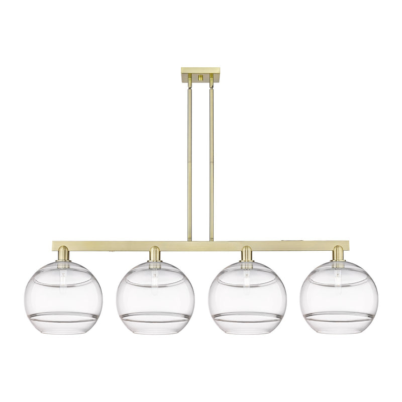 Innovations Rochester 55in 4-Light Island Light | Industrial Antique Brass and Clear Glass | Kitchen Island & Dining Room | Model 716-4I-AB-G556-12CL
