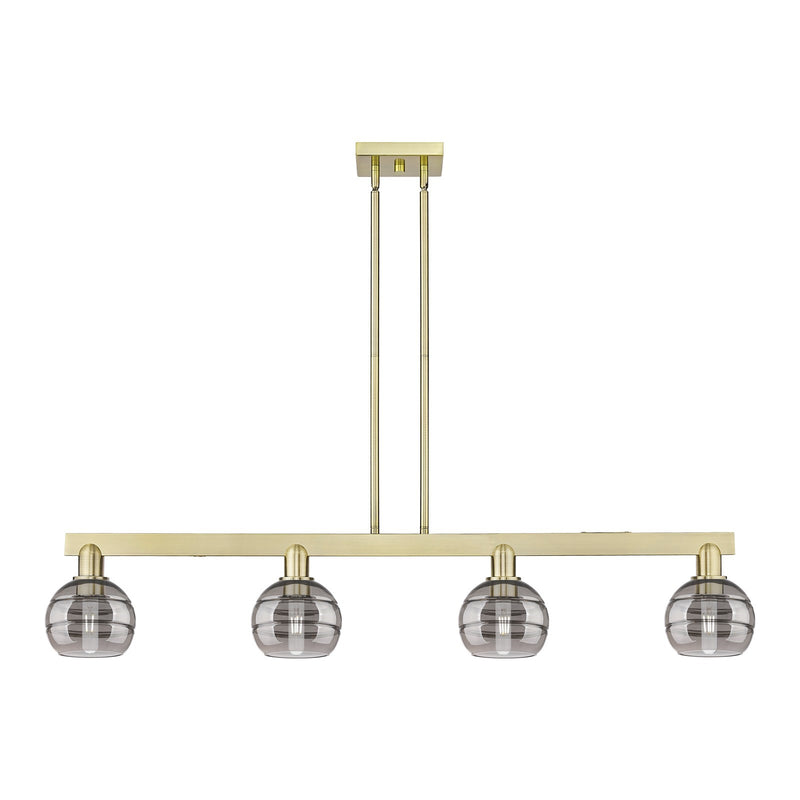 Innovations Rochester 49in 4-Light Island Light | Industrial Antique Brass and Light Smoke Glass | Kitchen Island & Dining Room | Model 716-4I-AB-G556-6SM