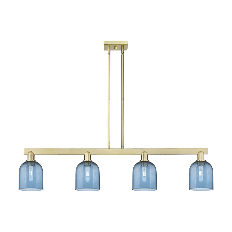 Innovations Bella 48in 4-Light Island Light | Industrial Antique Brass and Blue Glass | Kitchen Island & Dining Room | Model 716-4I-AB-G558-6BL