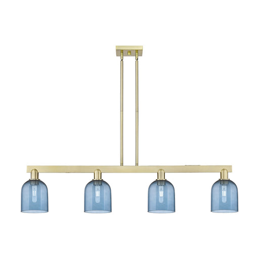Innovations Bella 48in 4-Light Island Light | Industrial Antique Brass and Blue Glass | Kitchen Island & Dining Room | Model 716-4I-AB-G558-6BL