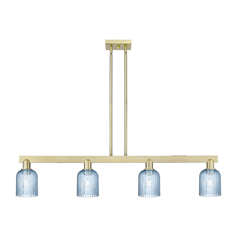 Innovations Bridal Veil 48in 4-Light Island Light | Industrial Antique Brass Steel and Princess Blue Ribbed Glass | Kitchen | Model 716-4I-AB-G559-5BL
