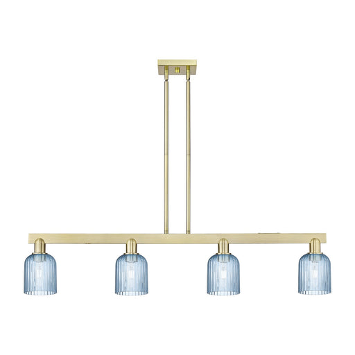 Innovations Bridal Veil 48in 4-Light Island Light | Industrial Antique Brass Steel and Princess Blue Ribbed Glass | Kitchen | Model 716-4I-AB-G559-5BL