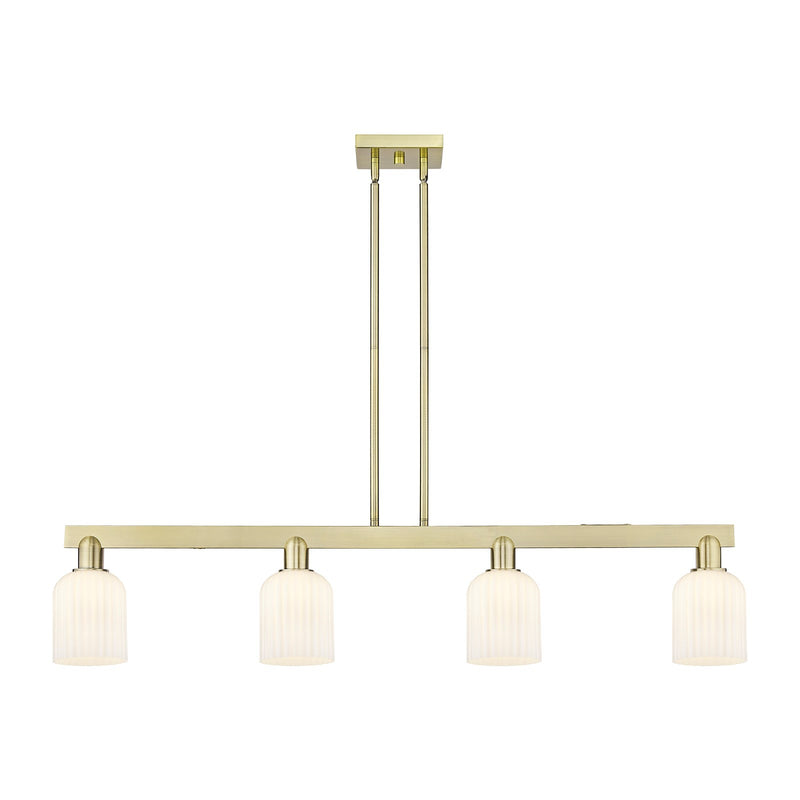 Innovations Bridal Veil 48in 4-Light Island Light | Industrial Antique Brass Steel and Gloss White Ribbed Glass | Kitchen | Model 716-4I-AB-G559-5GWH