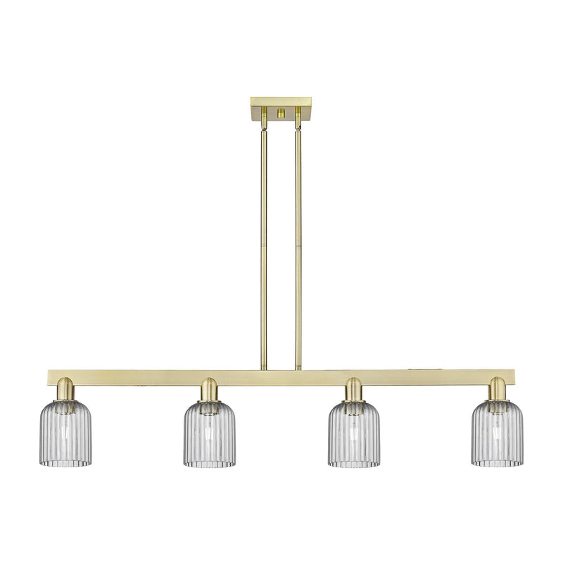 Innovations Bridal Veil 48in 4-Light Island Light | Industrial Antique Brass Steel and Light Smoke Ribbed Glass | Kitchen | Model 716-4I-AB-G559-5SM